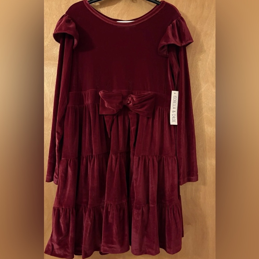 Isobella & Chloe Burgundy Velvet Dress with Bow